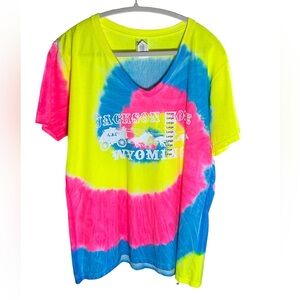 Bright Tie-Dye V-Neck Souvenir T-shirt Jackson Hole Wyoming SZ L